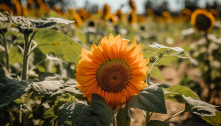 Vibrant sunflower head shines in nature multi colored meadow, no people generated by artificial intelligenceの素材