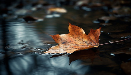 Vibrant autumn maple tree reflects beauty in tranquil pond water generated by artificial intelligenceの素材