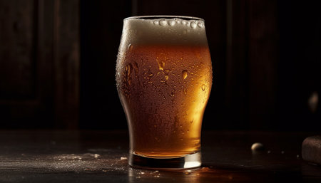 A frothy pint of cold beer on a wooden table generated by artificial intelligenceの素材