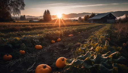 Harvesting ripe pumpkin in spooky autumn forest at dusk generated by artificial intelligenceの素材