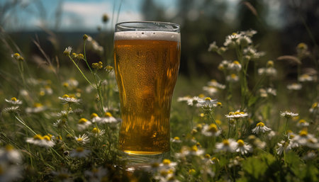 Refreshing beer in a yellow pint glass on green meadow generated by artificial intelligenceの素材