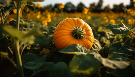 Freshly harvested organic pumpkin, ripe and yellow, in autumn nature generated by artificial intelligenceの素材