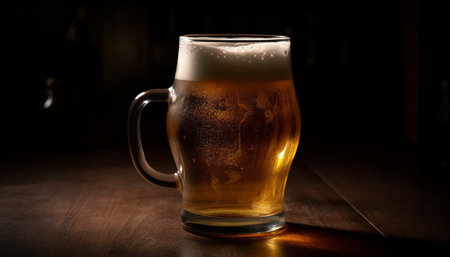Frothy beer in a pint glass on a wooden table generated by artificial intelligenceの素材