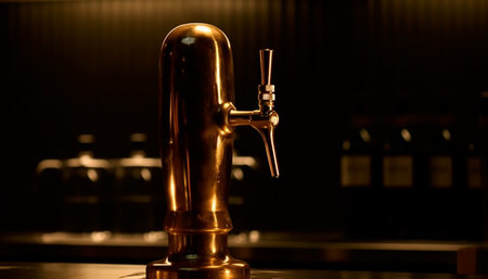 Shiny metal brewery equipment pours fresh frothy beer at bar generated by artificial intelligenceの素材