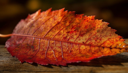 Vibrant autumn maple leaves on dark wood background, close up macro generated by artificial intelligenceの素材