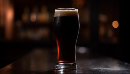 Frothy beer glass on dark bar table in pub establishment generated by artificial intelligenceの素材