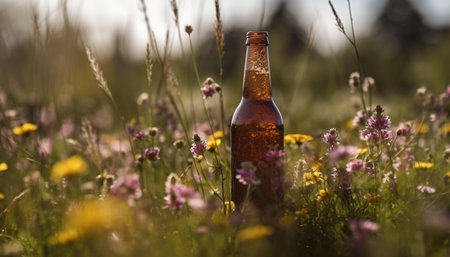 Fresh wildflower meadow, summer sunset, beer bottle, relaxation, refreshment generated by artificial intelligenceの素材