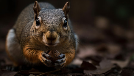 Fluffy mammal sitting on wood, eating autumn food outdoors generated by artificial intelligenceの素材