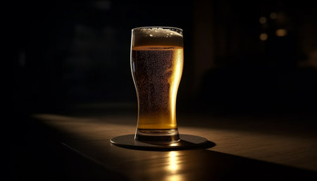 Frothy beer in gold pint glass on dark bar counter generated by artificial intelligenceの素材