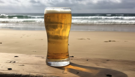 Frothy beer glass on table, outdoors, with golden liquid freshness generated by artificial intelligenceの素材