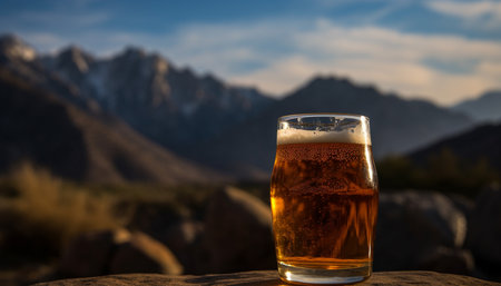 Men drinking frothy beer outdoors, surrounded by nature beauty generated by artificial intelligenceの素材