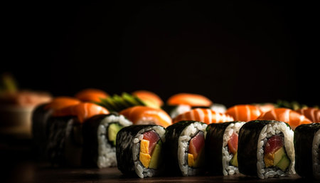 Fresh seafood plate with maki sushi, sashimi, and avocado appetizer generated by artificial intelligenceの素材