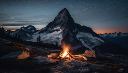 Mountain peak glows yellow in tranquil dusk, campfire burning bright generated by artificial intelligenceの素材