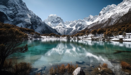 Majestic mountain range reflects tranquil scene in Alberta winter landscape generated by artificial intelligenceの素材