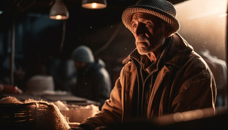 Senior man working indoors at night, concentrating on craft skill generated by artificial intelligenceの素材