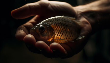 Hand holding yellow fish, close up underwater beauty in nature generated by artificial intelligenceの素材