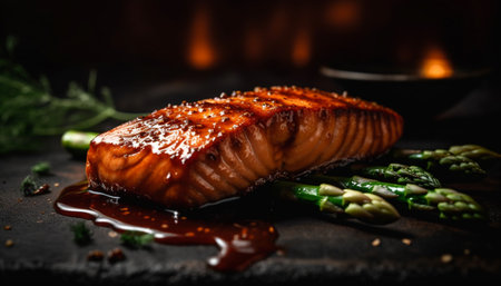 Grilled gourmet steak fillet with asparagus and savory sauce generated by artificial intelligenceの素材