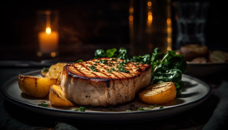 Grilled sirloin steak fillet with vegetable salad on rustic plate generated by artificial intelligenceの素材