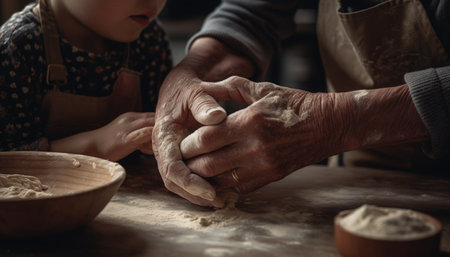 Family bonding in the kitchen, making homemade dough together generated by artificial intelligenceの素材