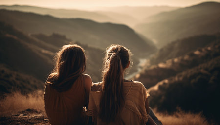 Two young adults embrace in nature, enjoying autumn freedom generated by artificial intelligenceの素材