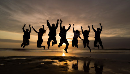 A joyful group of people jumping in the back lit sunset generated by artificial intelligenceの素材