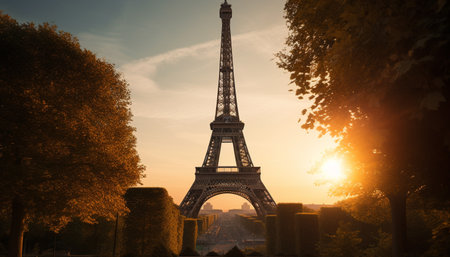 Sunset silhouette of famous architecture in cityscape, symbolizing history and beauty generated by artificial intelligenceの素材