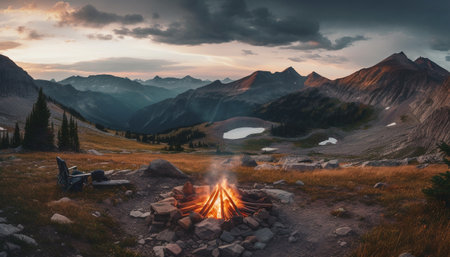 Tranquil scene of mountain range at dusk, campfire burning bright generated by artificial intelligenceの素材