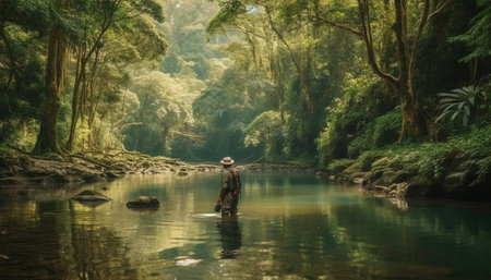 One person standing, reflecting on beauty in nature, surrounded by forest generated by artificial intelligenceの素材