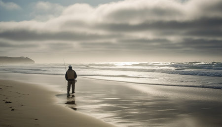 Solitude in nature One person standing, back lit by sunset generated by artificial intelligenceの素材