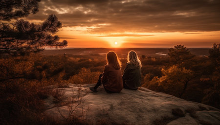 Two people hiking mountain peak at sunset, enjoying togetherness and adventure generated by artificial intelligenceの素材