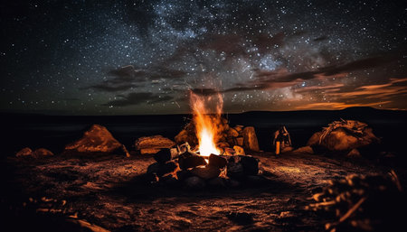 Mountain campfire glows in natural phenomenon, Milky Way above generated by artificial intelligenceの素材