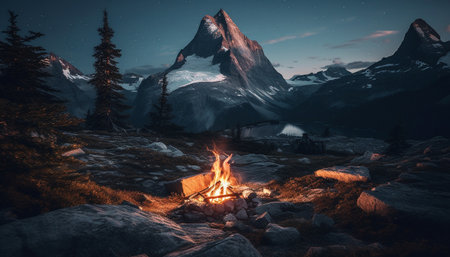 Mountain peak, snow, campfire flame, natural phenomenon, tranquil scene, outdoors generated by artificial intelligenceの素材