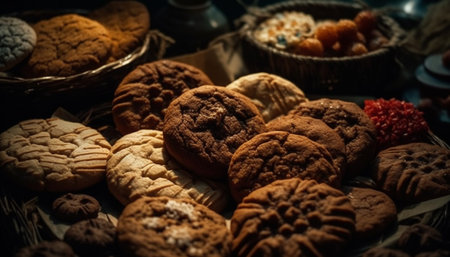 Indulgent homemade chocolate chip cookies on rustic wood table generated by artificial intelligenceの素材