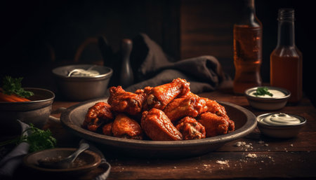 Grilled chicken wings on rustic wood table with savory sauce generated by artificial intelligenceの素材