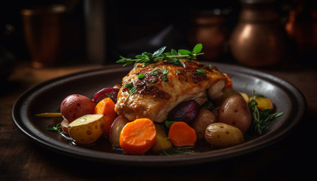 Grilled chicken fillet with baked potato and fresh salad generated by artificial intelligenceの素材