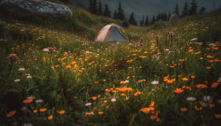 Tranquil meadow camping, wildflower beauty in nature at dusk generated by artificial intelligenceの素材