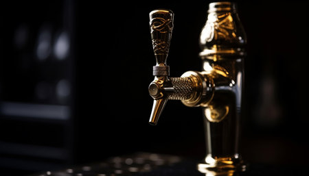 Frothy beer pouring from chrome tap in clean brewery kitchen generated by artificial intelligenceの素材