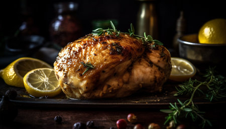 Grilled meat fillet with lemon and garlic on rustic plate generated by artificial intelligenceの素材