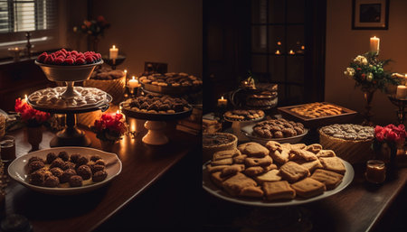 Sweet candlelit dessert table with homemade chocolate cookies and candy generated by artificial intelligenceの素材