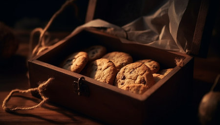 Homemade chocolate chip cookies on rustic wood table, ready to eat indulgence generated by artificial intelligenceの素材