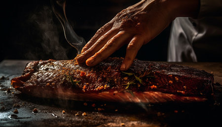 Grilled steak, cooked to perfection, ready to eat, with a smoky flavor generated by artificial intelligenceの素材