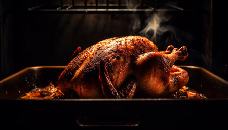 Grilled poultry, roasted meat, baked turkey rustic gourmet meal generated by artificial intelligenceの素材