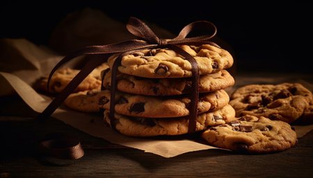 Homemade chocolate chip cookie stack on rustic wood table generated by artificial intelligenceの素材