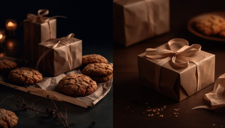 Homemade chocolate cookies in a rustic gift box with decoration generated by artificial intelligenceの素材