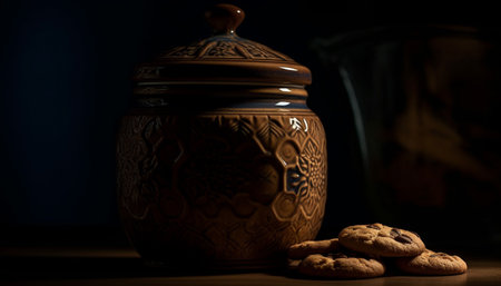 Rustic pottery bowl with ornate pattern on wooden kitchen table generated by artificial intelligenceの素材