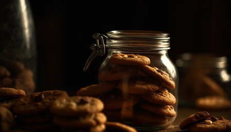 Indulgent homemade chocolate chip cookies stacked on rustic wooden table generated by artificial intelligenceの素材