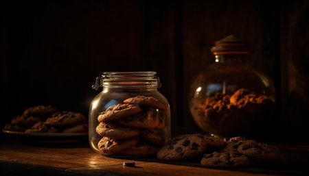 Rustic homemade chocolate chip cookies on wooden table, indulgent snack generated by artificial intelligenceの素材