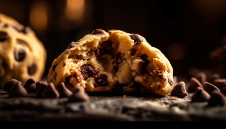 Indulgent homemade chocolate chip cookie on rustic wooden plate generated by artificial intelligenceの素材