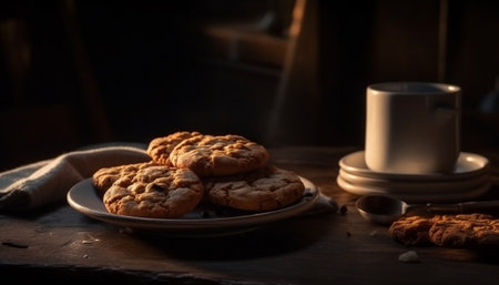 Homemade chocolate chip cookies on rustic wooden table, ready to eat generated by artificial intelligenceの素材