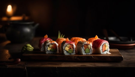 Healthy seafood meal with fresh sushi, rice, and vegetables on plate generated by artificial intelligenceの素材